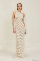 Knit Cutout Halter Bodycon Maxi Dress White / S
