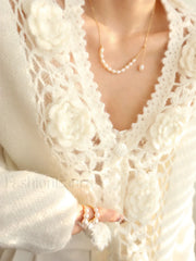 Knit Floral Crocheted Trendy Hollow V neck Cardigan Sweaters L