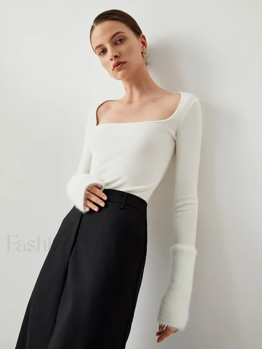 Knit Patchwork Fuzzy Cuff Modern Square Neck Long Sleeve Top White / S Sweaters L