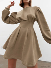 Knit Pleated Long Sleeve Modern Crew Neck Mini Dress Camel / XS Knit Dresses