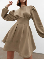 Knit Pleated Long Sleeve Modern Crew Neck Mini Dress Camel / XS Knit Dresses