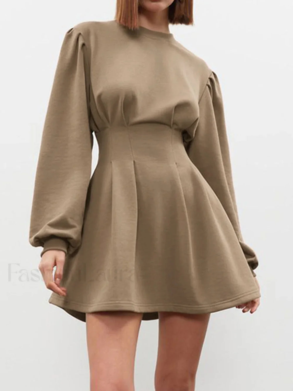 Knit Pleated Long Sleeve Modern Crew Neck Mini Dress Knit Dresses