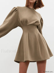 Knit Pleated Long Sleeve Modern Crew Neck Mini Dress Knit Dresses