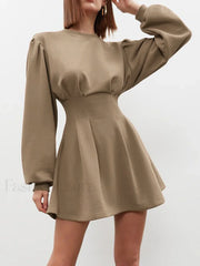 Knit Pleated Long Sleeve Modern Crew Neck Mini Dress Knit Dresses