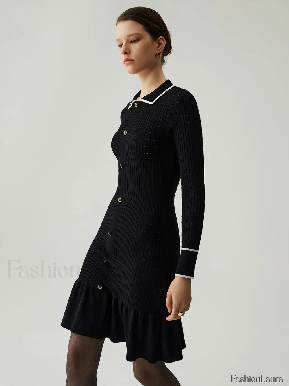 Knit Ruffled Hem Long Modern Sleeve Collar Mini Sweater Dress Sweaters L