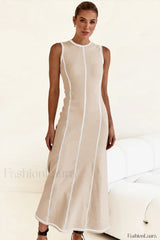 Knit Sleeveless A Line Retro Work Dress Apricot / S