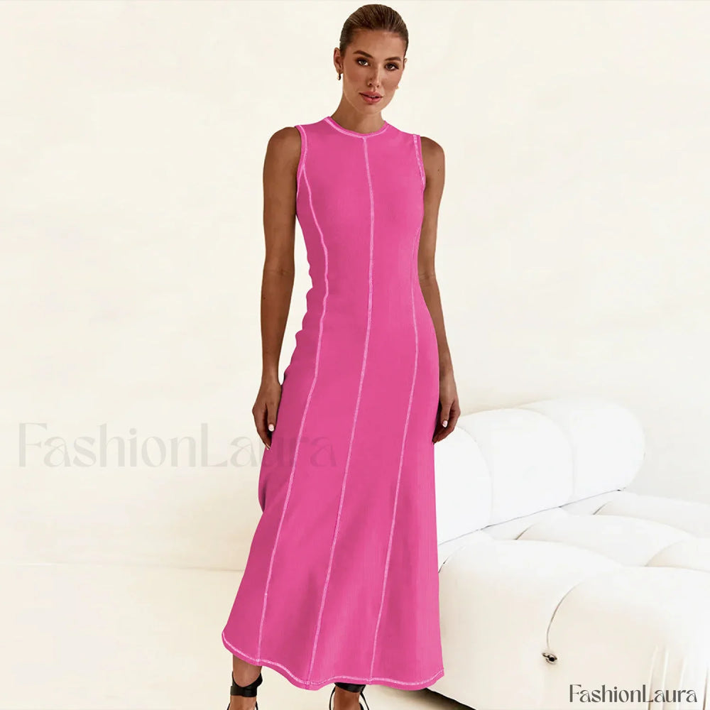 Knit Sleeveless A Line Retro Work Dress Rose Red / S