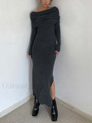 Knit Split Overfold Trendy Sweater Midi Dress Grey / S Sweaters L