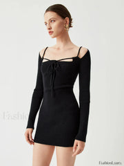 Knit Tied Cutout Long Modern Sleeve Short Sweater Dress Black / XS Sweaters L