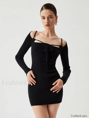 Knit Tied Cutout Long Modern Sleeve Short Sweater Dress Sweaters L