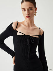Knit Tied Cutout Long Modern Sleeve Short Sweater Dress Sweaters L