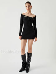 Knit Tied Cutout Long Modern Sleeve Short Sweater Dress Sweaters L