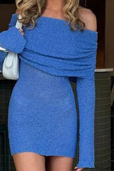 Knitted Hollow Off Shoulder Long Sleeve Mini Dress