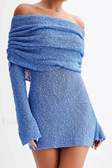 Knitted Hollow Off Shoulder Long Sleeve Mini Dress
