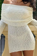 Knitted Hollow Off Shoulder Long Sleeve Mini Dress