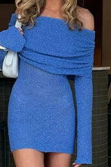Knitted Hollow Off Shoulder Long Sleeve Mini Dress