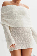 Knitted Hollow Off Shoulder Long Sleeve Mini Dress White / S
