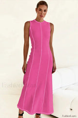 Knitted Sleeveless Round Neck A Line Slip Dress Rose Red / S