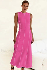 Knitted Sleeveless Round Neck A Line Slip Dress Rose Red / S