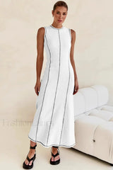 Knitted Sleeveless Round Neck A Line Slip Dress White Black / S
