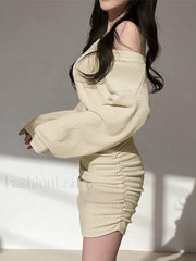 Knitted V Neck Long Sleeve Mini Dress Mini Dresses