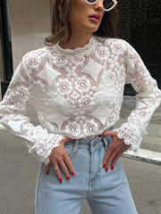 Lace Embroidery Floral Trendy Mock Neck Blouse White / XS Blouses
