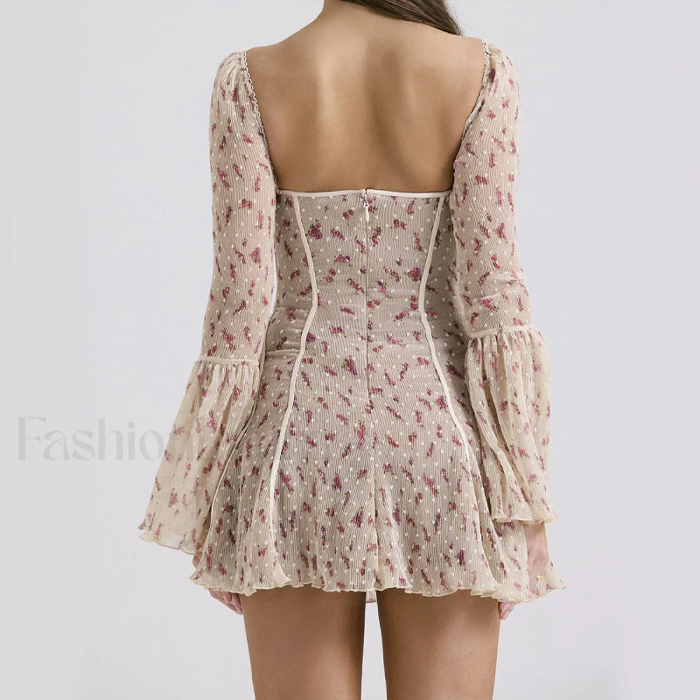 Lace French Light Luxury Flared Sleeve Fishbone Print Floral Dress