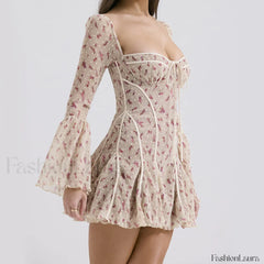 Lace French Light Luxury Flared Sleeve Fishbone Print Floral Dress