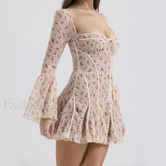 Lace French Light Luxury Flared Sleeve Fishbone Print Floral Dress