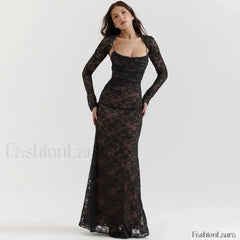 Lace Hollow Cape Maxi Dress Black / S