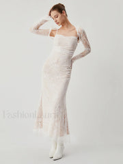 Lace Jacquard Floral Trendy Semi sheer Tied Maxi Dress Dresses