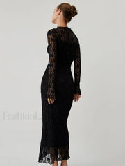 Lace Long Sleeve Trendy Mock Neck Maxi Dress Dresses