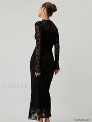 Lace Long Sleeve Trendy Mock Neck Maxi Dress Dresses