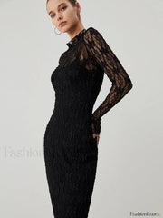 Lace Long Sleeve Trendy Mock Neck Maxi Dress Dresses