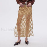 Lace Mesh Side Slit Crochet Skirt BROWN / S