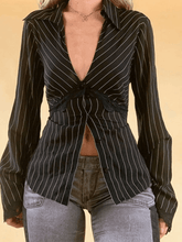 Lace Paneled Long Sleeve Striped Blouse Black / S Tops&Tees