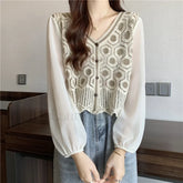 Lace Patchwork Solid Color Pullover Casual Clothes Blouse APRICOT / One Size