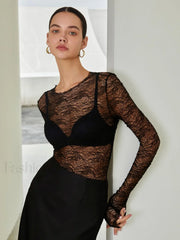 Lace Raw Hem Crew Modern Neck Long Sleeve Top Black / XS T Shirts