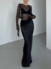 Lace Raw Hem Crew Modern Neck Long Sleeve Top T Shirts