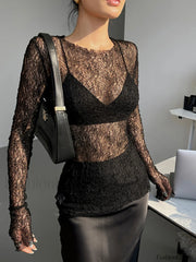 Lace Raw Hem Crew Modern Neck Long Sleeve Top T Shirts