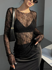 Lace Raw Hem Crew Modern Neck Long Sleeve Top T Shirts