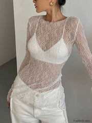 Lace Raw Hem Crew Modern Neck Long Sleeve Top White / XS T Shirts