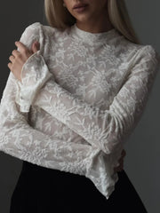 Lace Ruffle Cuff Trendy Long Sleeve Shirt White / XS T Shirts