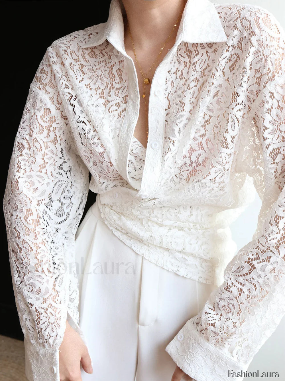 Lace Semi sheer Graceful Collared Shirt Shirts