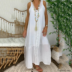 Lace Splice Sleeveless Boho Dress WHITE / M