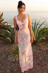 Lace Splicing Printed Irregular Split Hollow Strappy Beach Maxi Dress Pink / S