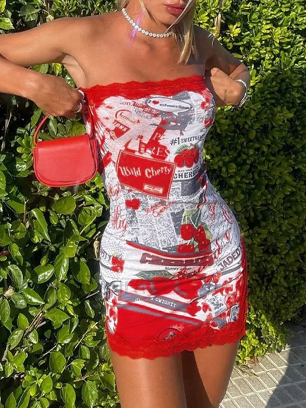 Lace Trim Split Strapless Bodycon Mini Dress Red / S Mini Dresses