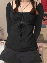 Lace Trim Tie Front Long Sleeve Blouse Black / S Long Sleeves