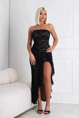 Lace Tube Top Ruffled Split Hem Maxi Dress