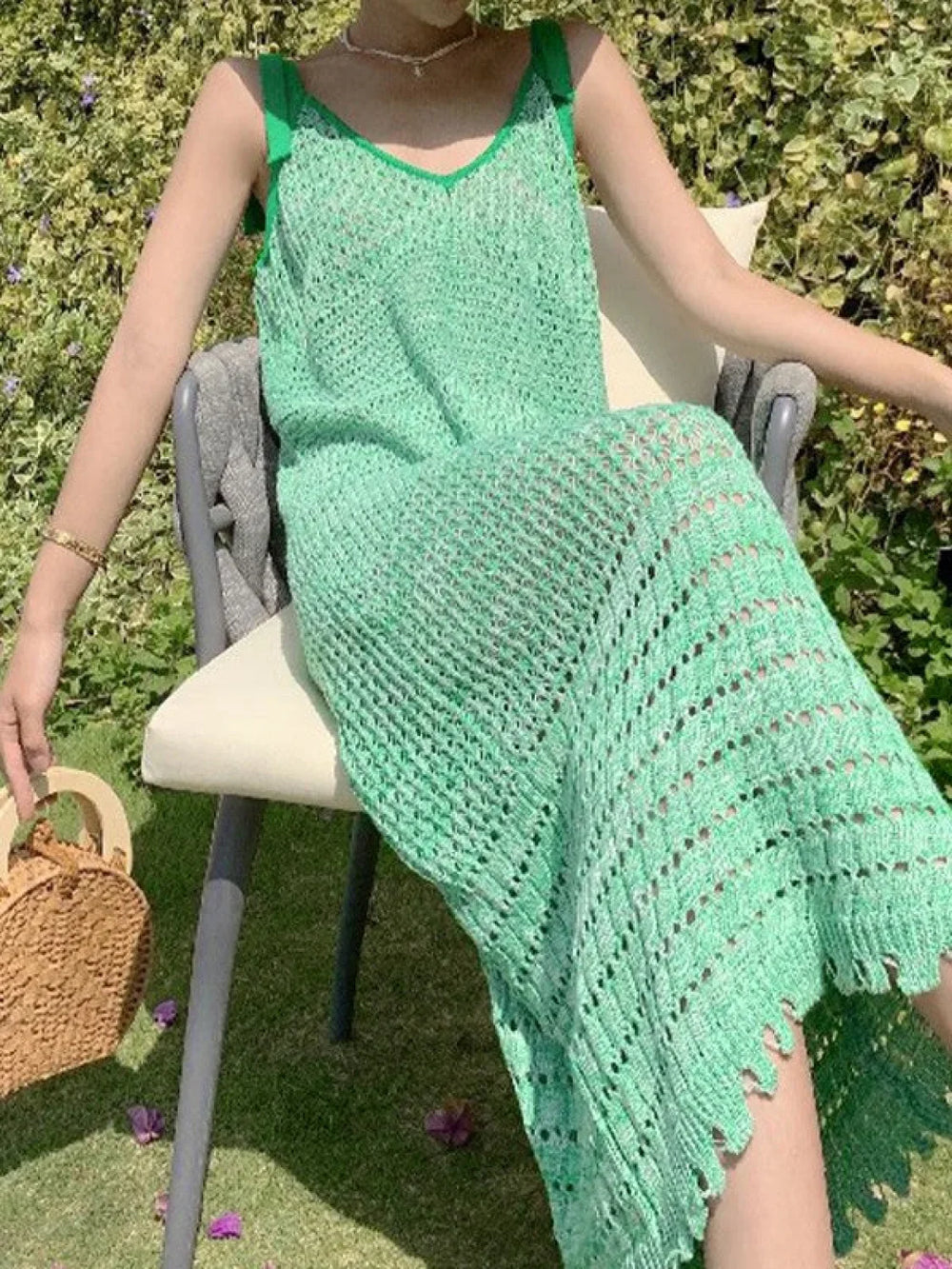 Lace Up Green Crochet Knit Maxi Dress Green / ONE SIZE Maxi Dresses